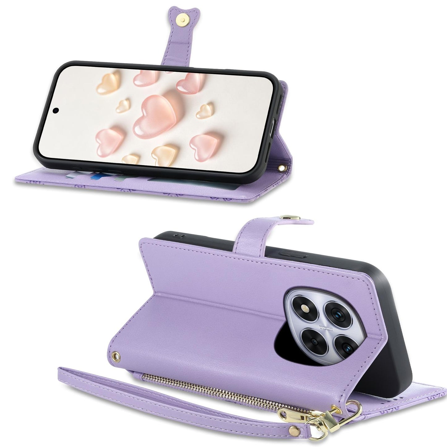 For Redmi Note 14 Pro 5G / Note 14 Pro+ 5G Zipper Wallet Heart Buckle Vegan Leather Phone Case with Wrist Strap(Purple)