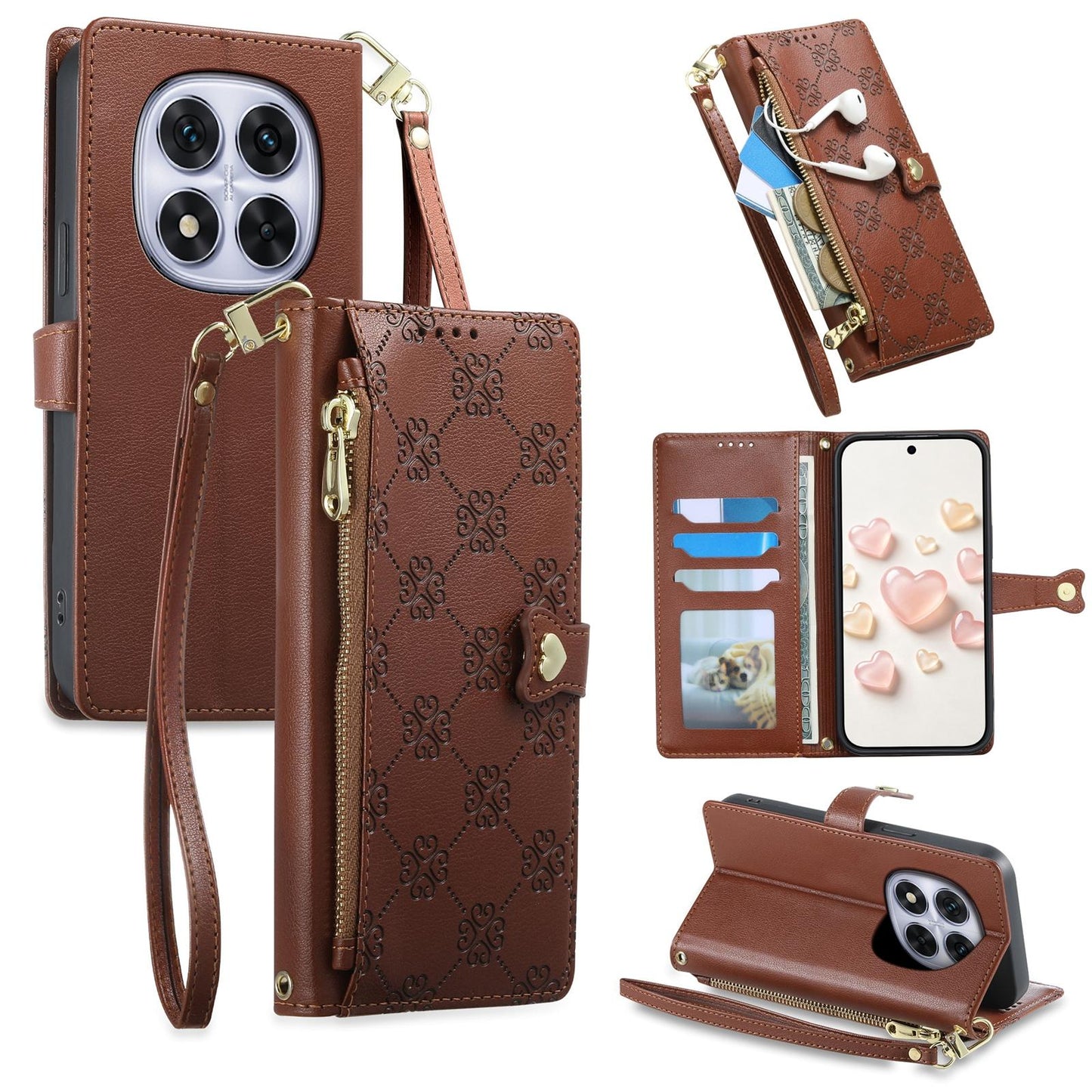 For Redmi Note 14 Pro 5G / Note 14 Pro+ 5G Zipper Wallet Heart Buckle Vegan Leather Phone Case with Wrist Strap(Brown)