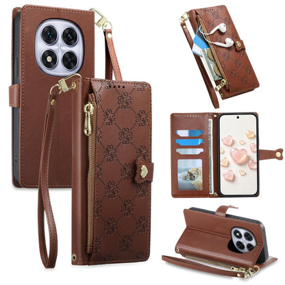 For Redmi Note 14 Pro 5G / Note 14 Pro+ 5G Zipper Wallet Heart Buckle Vegan Leather Phone Case with Wrist Strap(Brown)