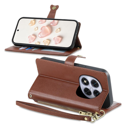 For Redmi Note 14 Pro 5G / Note 14 Pro+ 5G Zipper Wallet Heart Buckle Vegan Leather Phone Case with Wrist Strap(Brown)