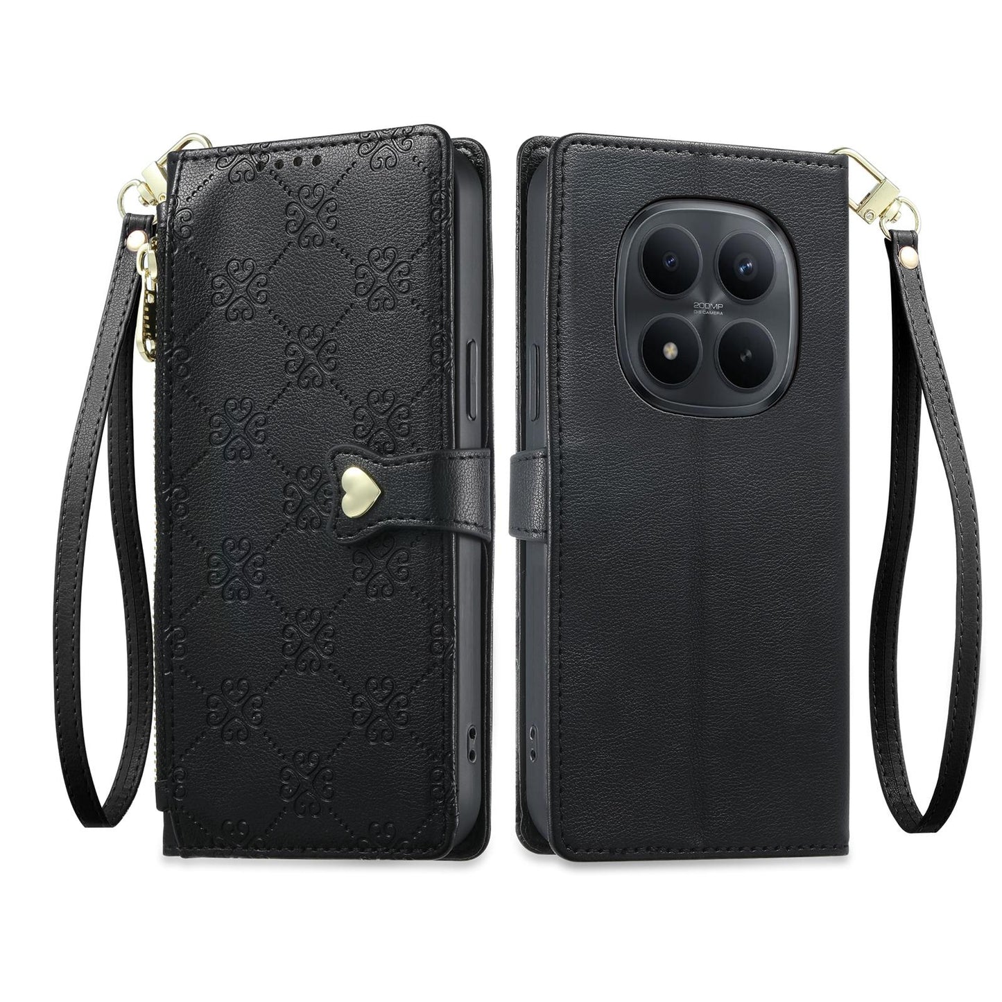 For Redmi Note 15 Pro 5G Global 163.6mm Zipper Wallet Heart Buckle Vegan Leather Phone Case with Wrist Strap(Black)