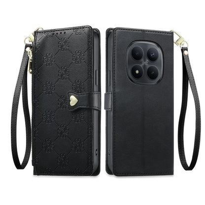 For Redmi Note 15 Pro 5G Global 163.6mm Zipper Wallet Heart Buckle Vegan Leather Phone Case with Wrist Strap(Black)