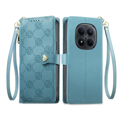 For Redmi Note 15 Pro 5G Global 163.6mm Zipper Wallet Heart Buckle Vegan Leather Phone Case with Wrist Strap(Lake Blue)