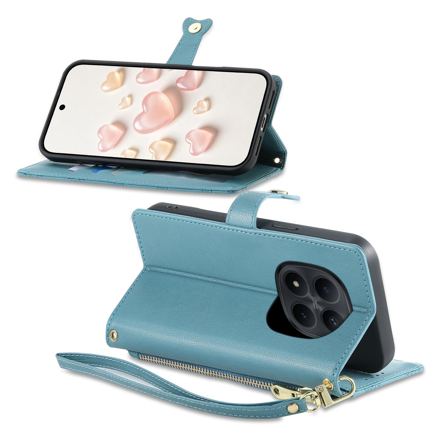 For Redmi Note 15 Pro 5G Global 163.6mm Zipper Wallet Heart Buckle Vegan Leather Phone Case with Wrist Strap(Lake Blue)