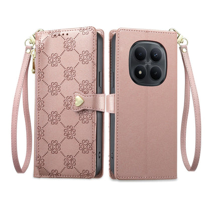 For Redmi Note 15 Pro 5G Global 163.6mm Zipper Wallet Heart Buckle Vegan Leather Phone Case with Wrist Strap(Pink)