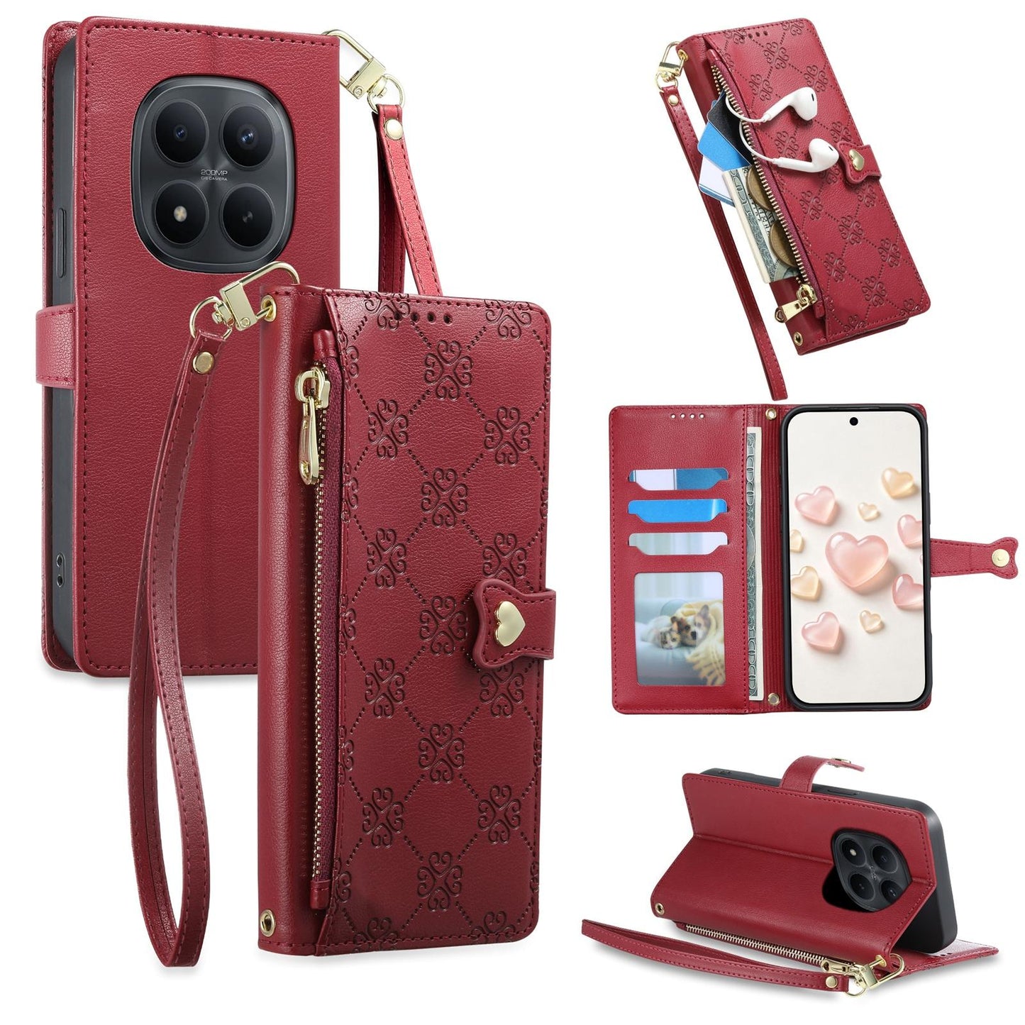 For Redmi Note 15 Pro 5G Global 163.6mm Zipper Wallet Heart Buckle Vegan Leather Phone Case with Wrist Strap(Red)