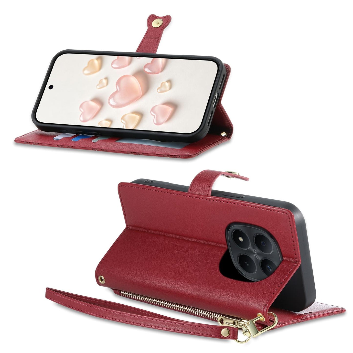 For Redmi Note 15 Pro 5G Global 163.6mm Zipper Wallet Heart Buckle Vegan Leather Phone Case with Wrist Strap(Red)