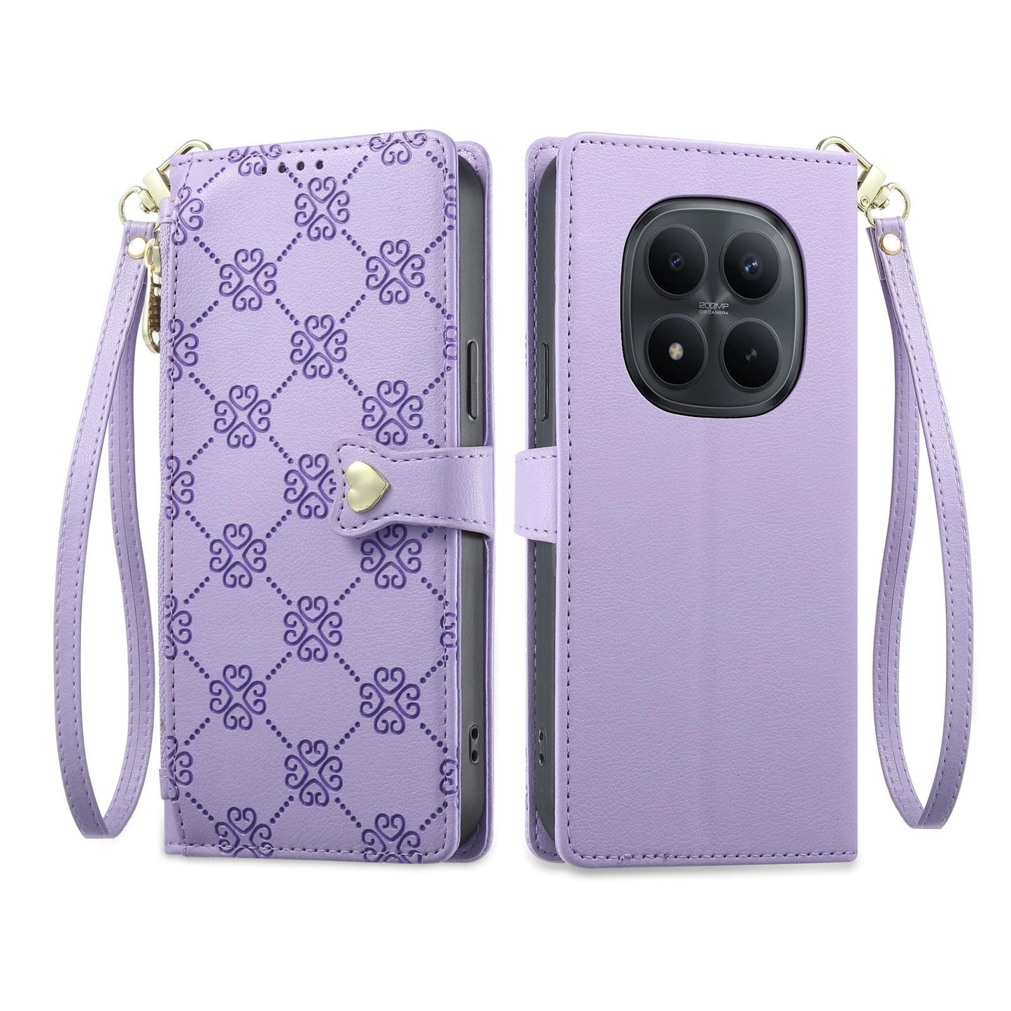 For Redmi Note 15 Pro 5G Global 163.6mm Zipper Wallet Heart Buckle Vegan Leather Phone Case with Wrist Strap(Purple)