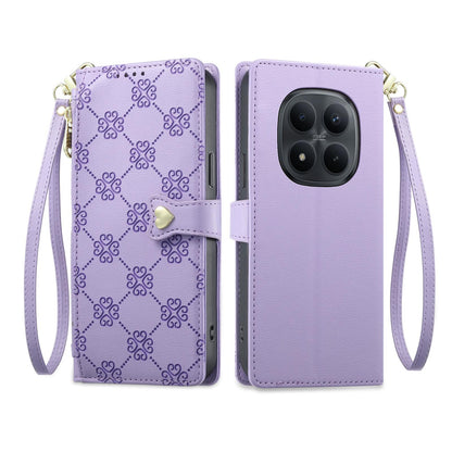 For Redmi Note 15 Pro 5G Global 163.6mm Zipper Wallet Heart Buckle Vegan Leather Phone Case with Wrist Strap(Purple)