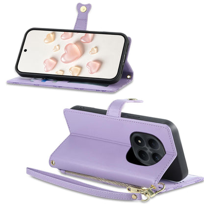 For Redmi Note 15 Pro 5G Global 163.6mm Zipper Wallet Heart Buckle Vegan Leather Phone Case with Wrist Strap(Purple)