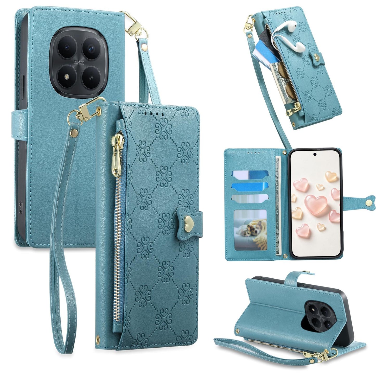 For Redmi Note 15 Pro 4G Global 163.2mm Zipper Wallet Heart Buckle Vegan Leather Phone Case with Wrist Strap(Lake Blue)