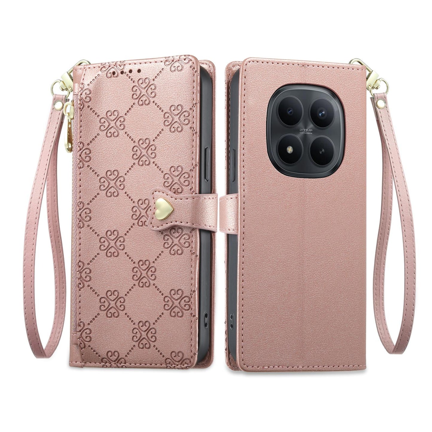 For Redmi Note 15 Pro 4G Global 163.2mm Zipper Wallet Heart Buckle Vegan Leather Phone Case with Wrist Strap(Pink)