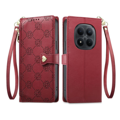 For Redmi Note 15 Pro 4G Global 163.2mm Zipper Wallet Heart Buckle Vegan Leather Phone Case with Wrist Strap(Red)