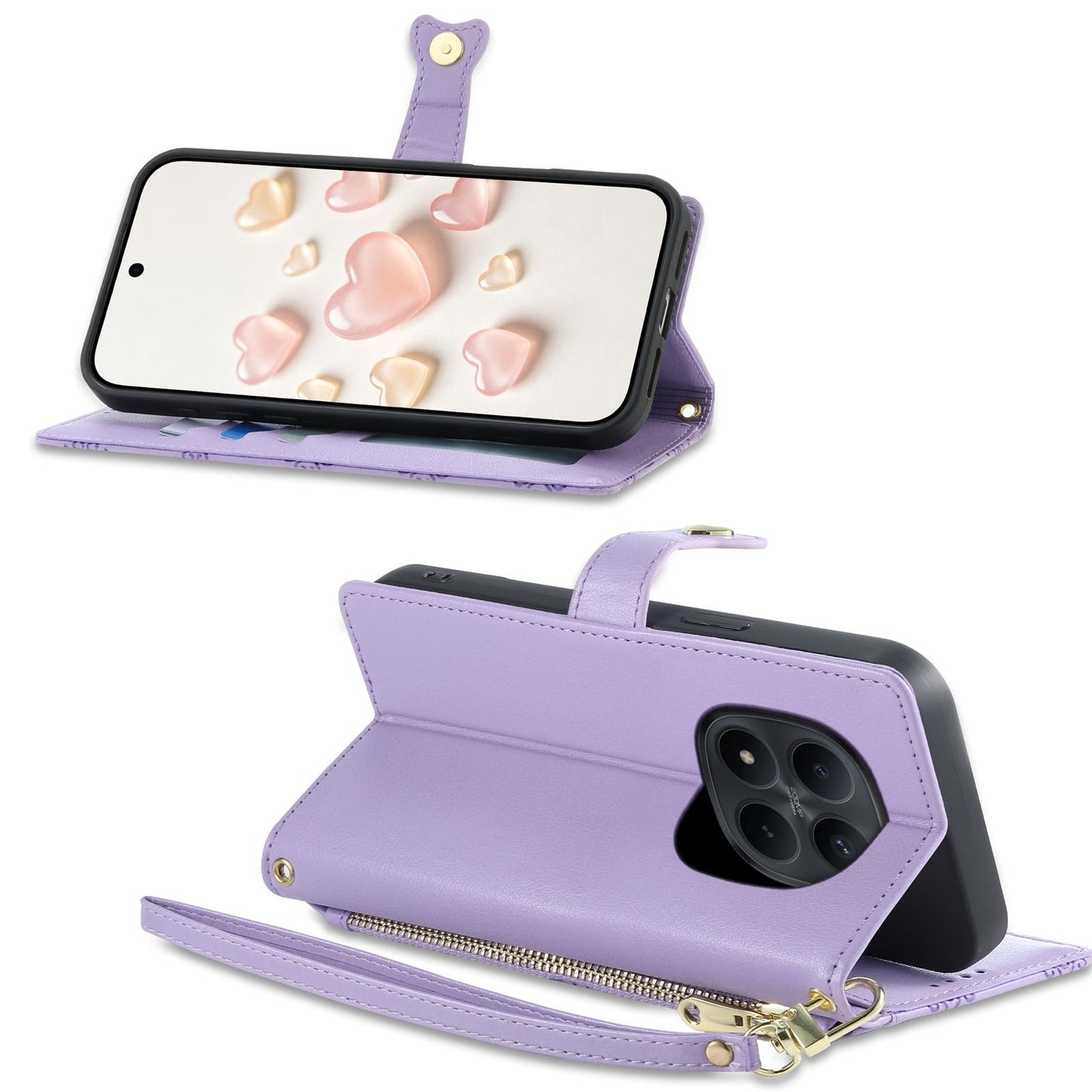 For Redmi Note 15 Pro 4G Global 163.2mm Zipper Wallet Heart Buckle Vegan Leather Phone Case with Wrist Strap(Purple)