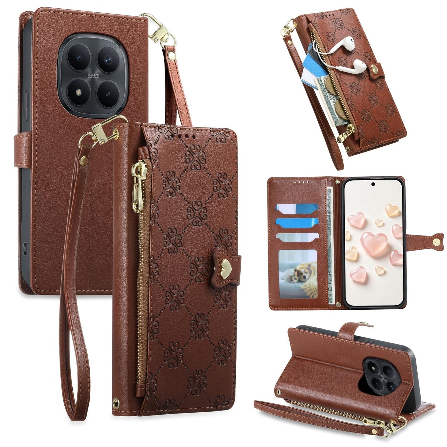 For Redmi Note 15 Pro 4G Global 163.2mm Zipper Wallet Heart Buckle Vegan Leather Phone Case with Wrist Strap(Brown)