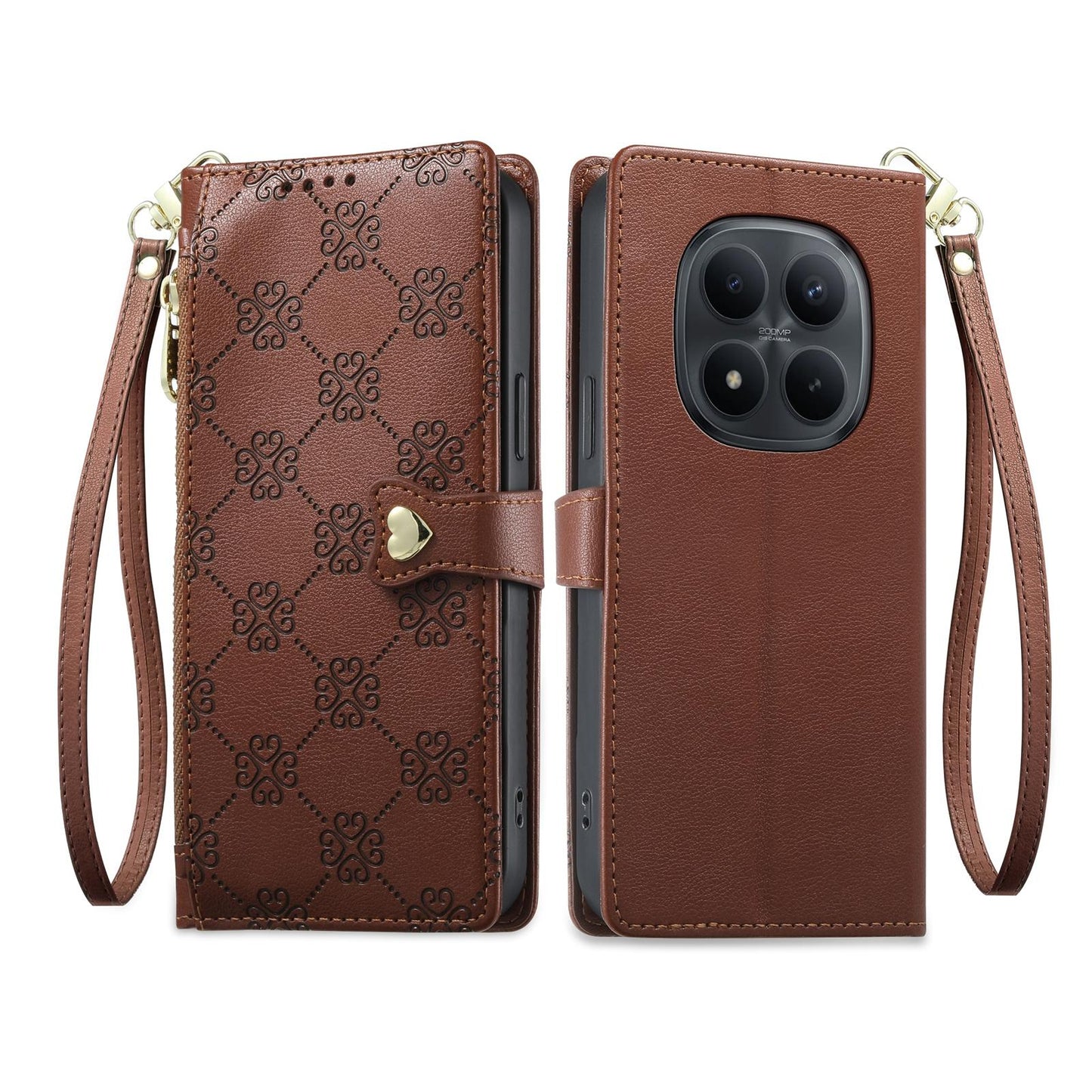 For Redmi Note 15 Pro 4G Global 163.2mm Zipper Wallet Heart Buckle Vegan Leather Phone Case with Wrist Strap(Brown)