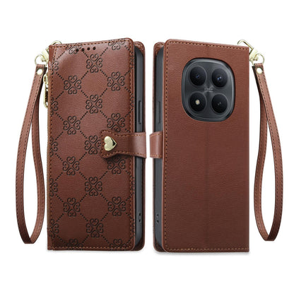 For Redmi Note 15 Pro 4G Global 163.2mm Zipper Wallet Heart Buckle Vegan Leather Phone Case with Wrist Strap(Brown)