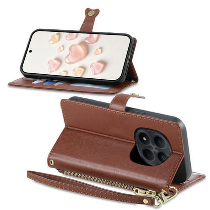 For Redmi Note 15 Pro 4G Global 163.2mm Zipper Wallet Heart Buckle Vegan Leather Phone Case with Wrist Strap(Brown)