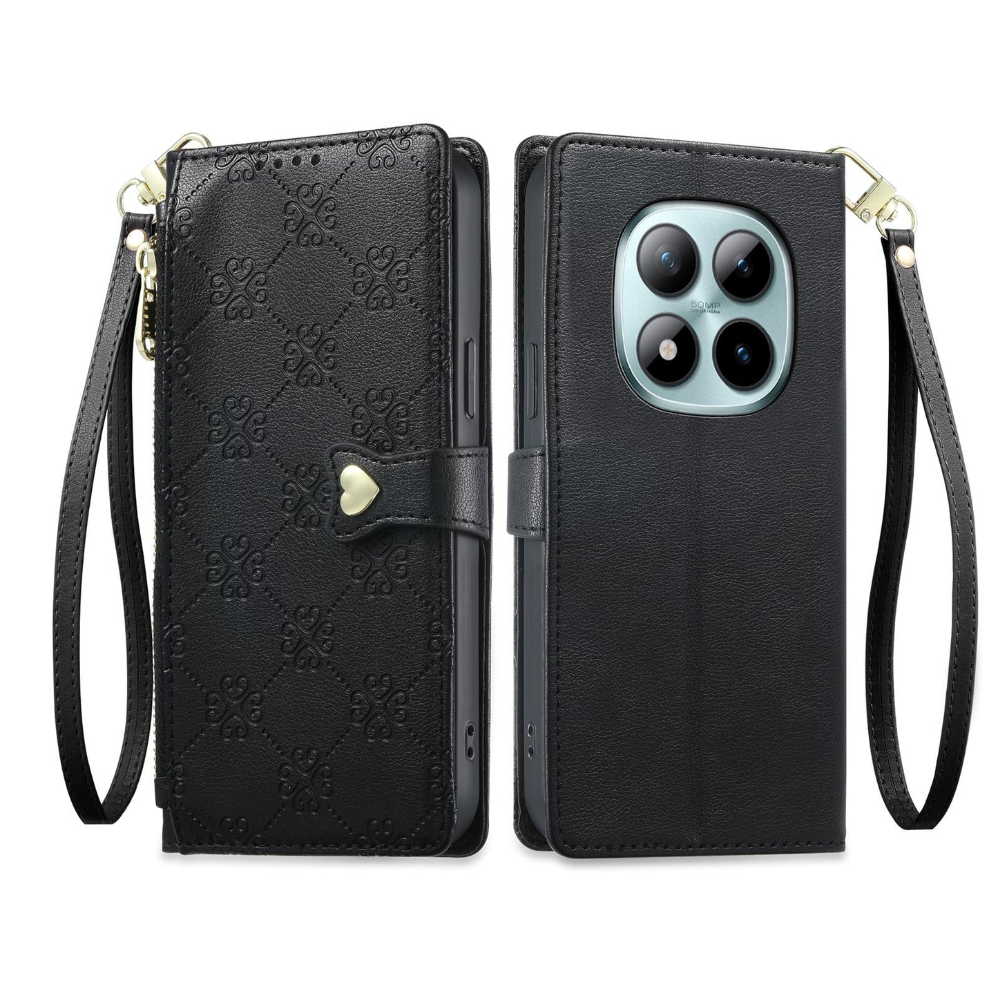 For Redmi Note 15 Pro+ 5G 163.3mm / Poco M8 Pro 5G Zipper Wallet Heart Buckle Vegan Leather Phone Case with Wrist Strap(Black)
