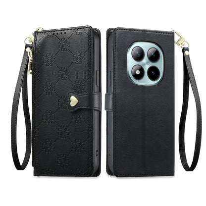 For Redmi Note 15 Pro+ 5G 163.3mm / Poco M8 Pro 5G Zipper Wallet Heart Buckle Vegan Leather Phone Case with Wrist Strap(Black)