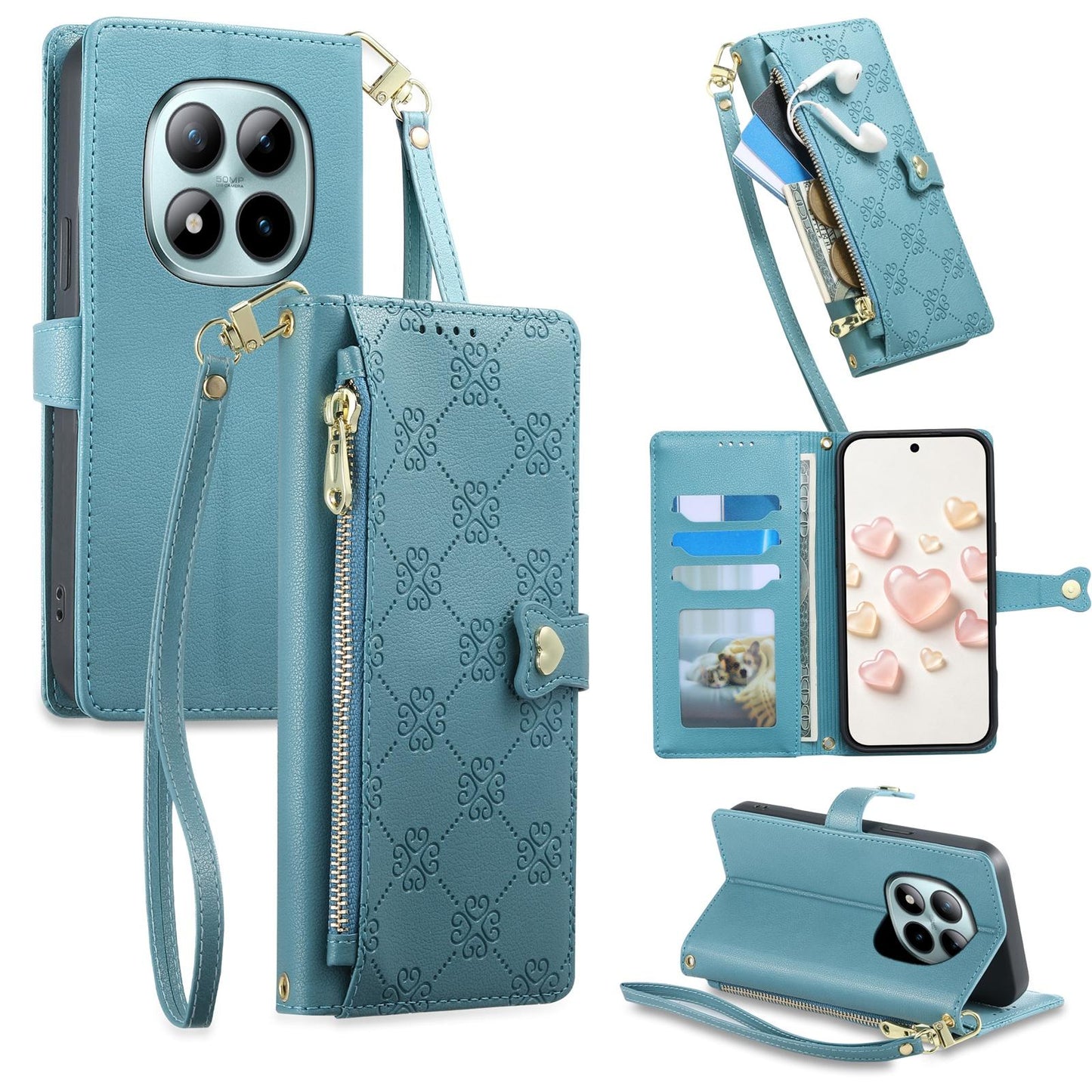 For Redmi Note 15 Pro+ 5G 163.3mm / Poco M8 Pro 5G Zipper Wallet Heart Buckle Vegan Leather Phone Case with Wrist Strap(Lake Blue)