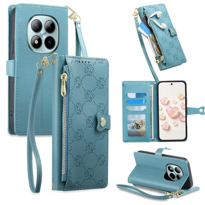 For Redmi Note 15 Pro+ 5G 163.3mm / Poco M8 Pro 5G Zipper Wallet Heart Buckle Vegan Leather Phone Case with Wrist Strap(Lake Blue)