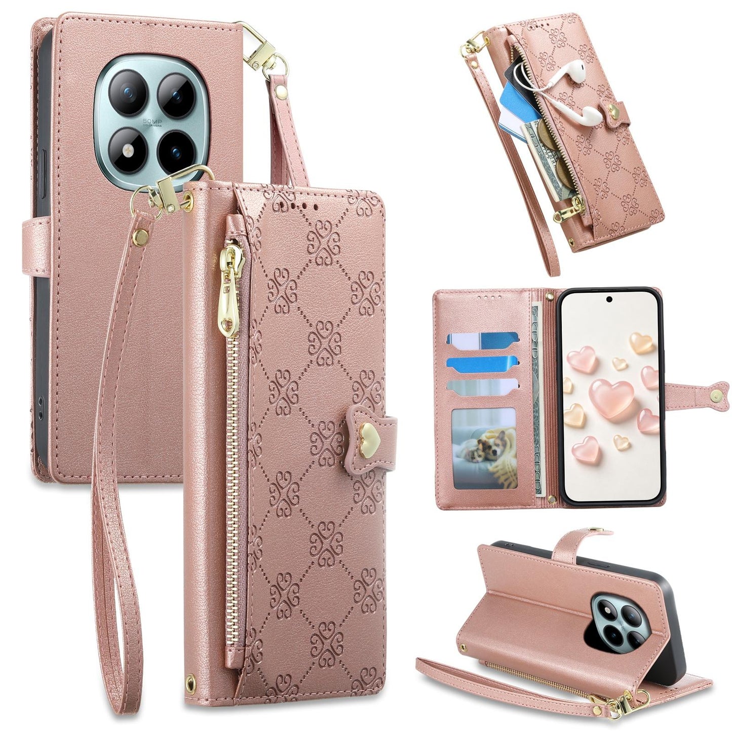 For Redmi Note 15 Pro+ 5G 163.3mm / Poco M8 Pro 5G Zipper Wallet Heart Buckle Vegan Leather Phone Case with Wrist Strap(Pink)