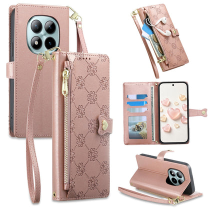 For Redmi Note 15 Pro+ 5G 163.3mm / Poco M8 Pro 5G Zipper Wallet Heart Buckle Vegan Leather Phone Case with Wrist Strap(Pink)