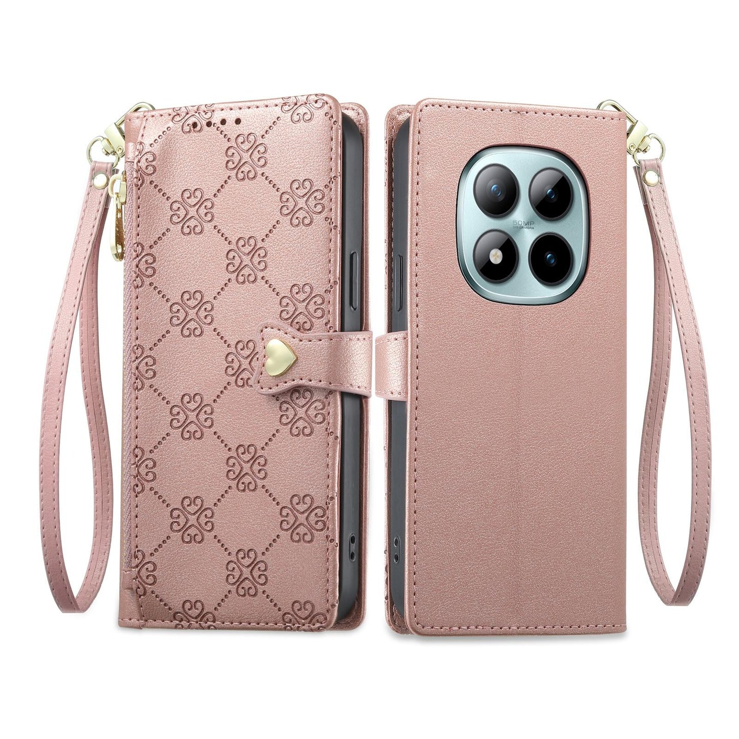 For Redmi Note 15 Pro+ 5G 163.3mm / Poco M8 Pro 5G Zipper Wallet Heart Buckle Vegan Leather Phone Case with Wrist Strap(Pink)