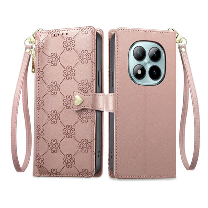 For Redmi Note 15 Pro+ 5G 163.3mm / Poco M8 Pro 5G Zipper Wallet Heart Buckle Vegan Leather Phone Case with Wrist Strap(Pink)