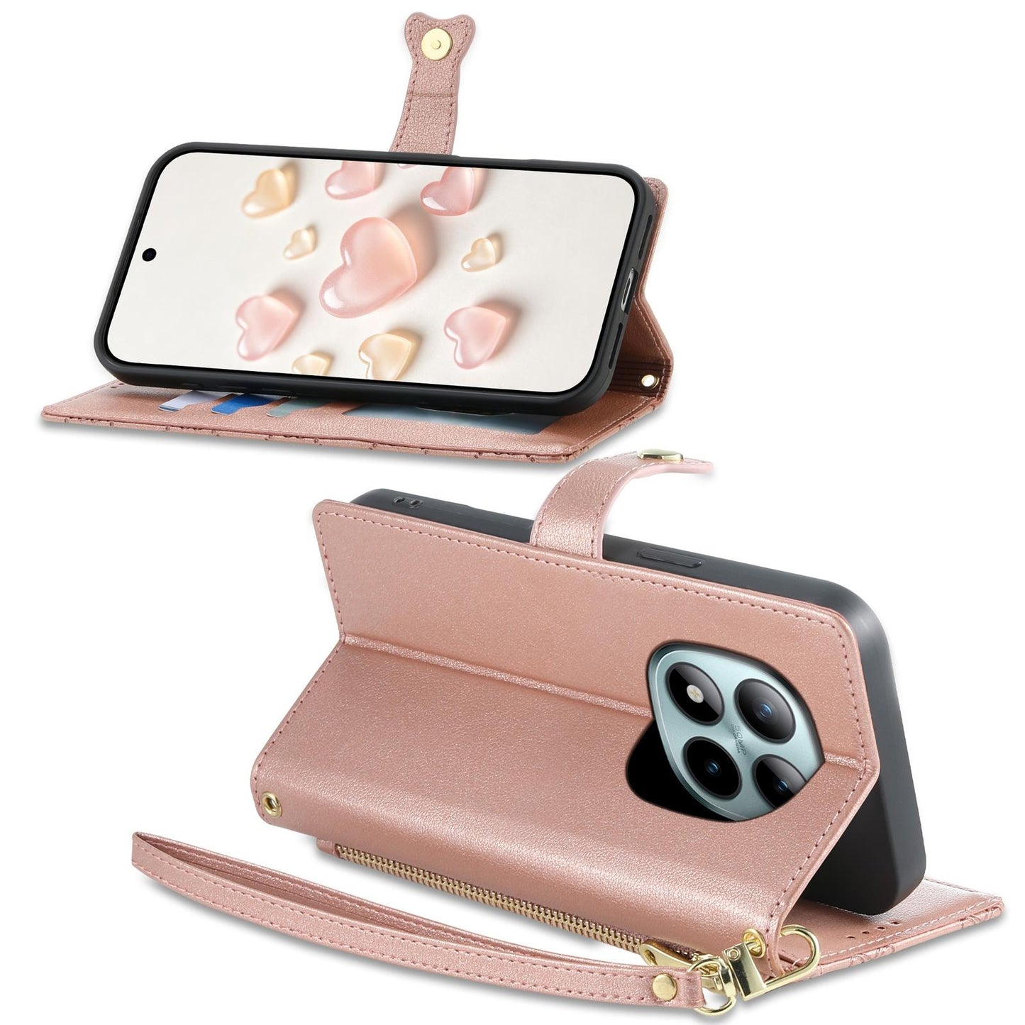 For Redmi Note 15 Pro+ 5G 163.3mm / Poco M8 Pro 5G Zipper Wallet Heart Buckle Vegan Leather Phone Case with Wrist Strap(Pink)