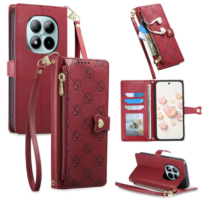 For Redmi Note 15 Pro+ 5G 163.3mm / Poco M8 Pro 5G Zipper Wallet Heart Buckle Vegan Leather Phone Case with Wrist Strap(Red)