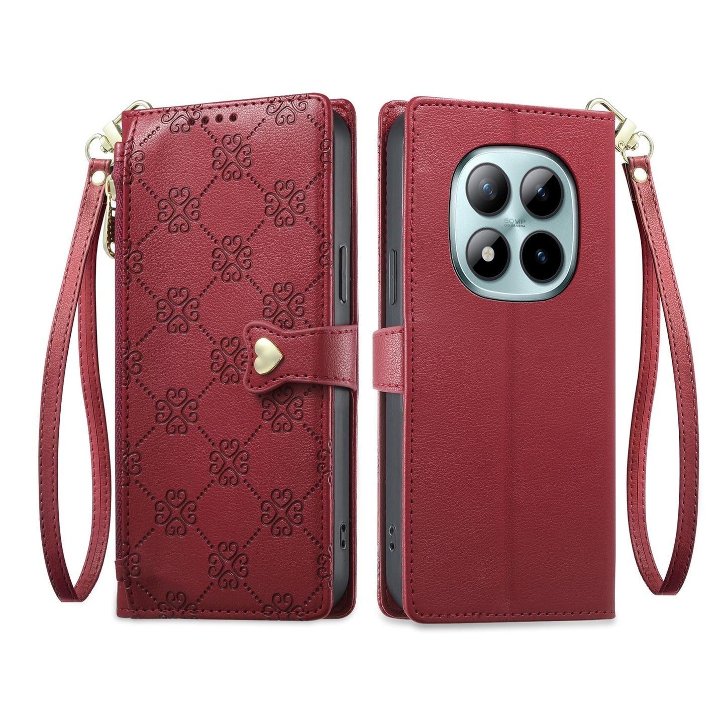 For Redmi Note 15 Pro+ 5G 163.3mm / Poco M8 Pro 5G Zipper Wallet Heart Buckle Vegan Leather Phone Case with Wrist Strap(Red)