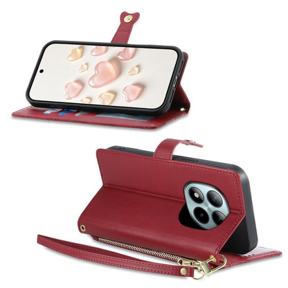 For Redmi Note 15 Pro+ 5G 163.3mm / Poco M8 Pro 5G Zipper Wallet Heart Buckle Vegan Leather Phone Case with Wrist Strap(Red)