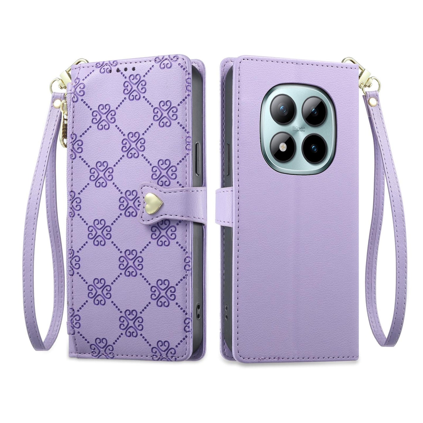 For Redmi Note 15 Pro+ 5G 163.3mm / Poco M8 Pro 5G Zipper Wallet Heart Buckle Vegan Leather Phone Case with Wrist Strap(Purple)