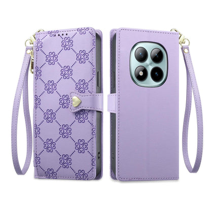 For Redmi Note 15 Pro+ 5G 163.3mm / Poco M8 Pro 5G Zipper Wallet Heart Buckle Vegan Leather Phone Case with Wrist Strap(Purple)