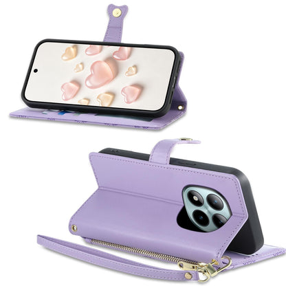 For Redmi Note 15 Pro+ 5G 163.3mm / Poco M8 Pro 5G Zipper Wallet Heart Buckle Vegan Leather Phone Case with Wrist Strap(Purple)