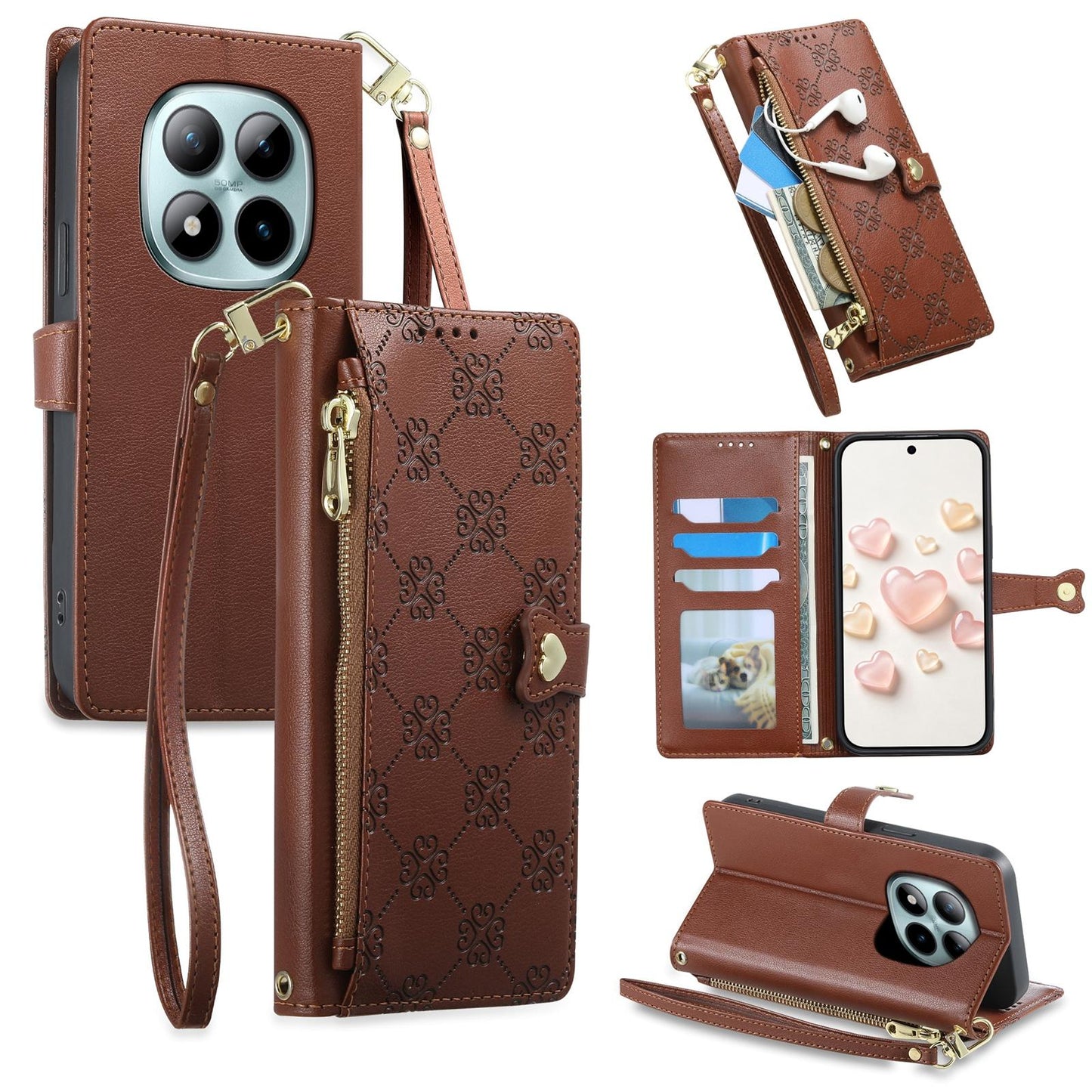 For Redmi Note 15 Pro+ 5G 163.3mm / Poco M8 Pro 5G Zipper Wallet Heart Buckle Vegan Leather Phone Case with Wrist Strap(Brown)