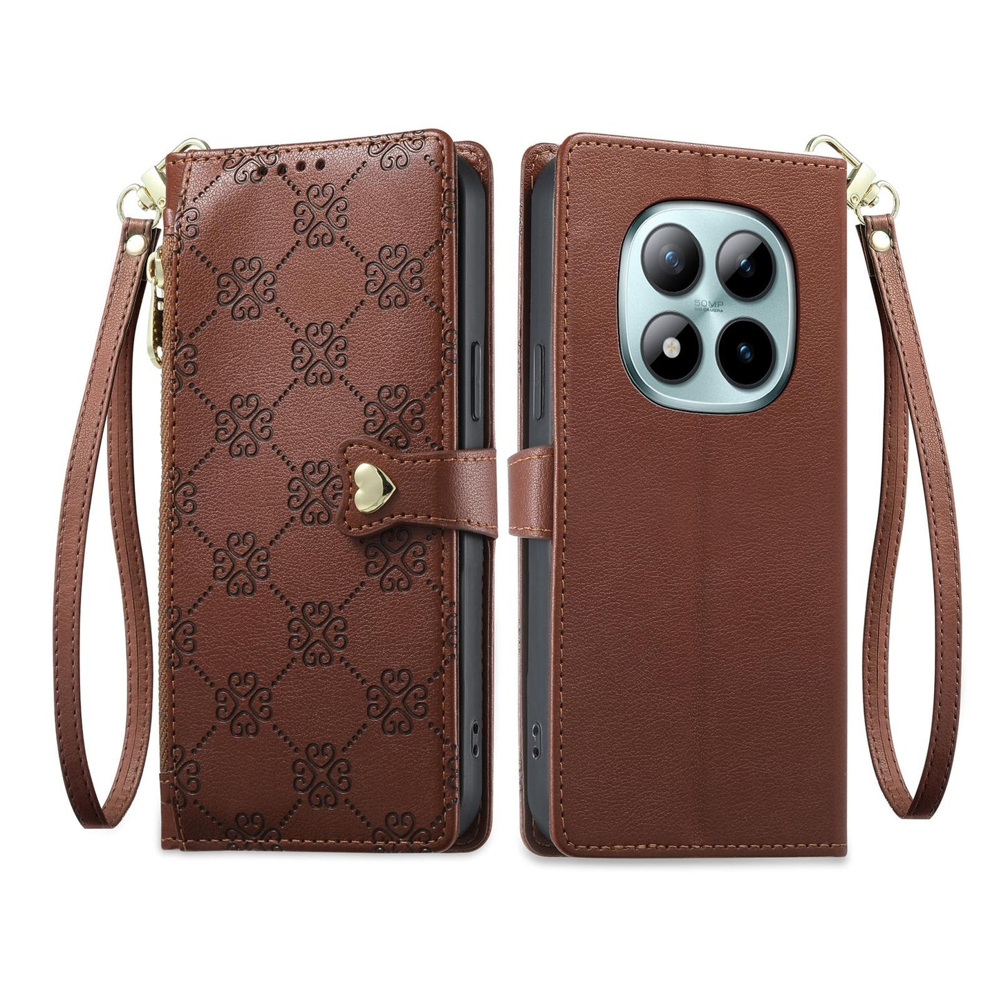 For Redmi Note 15 Pro+ 5G 163.3mm / Poco M8 Pro 5G Zipper Wallet Heart Buckle Vegan Leather Phone Case with Wrist Strap(Brown)
