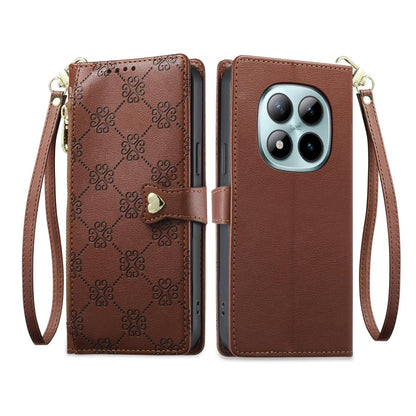 For Redmi Note 15 Pro+ 5G 163.3mm / Poco M8 Pro 5G Zipper Wallet Heart Buckle Vegan Leather Phone Case with Wrist Strap(Brown)