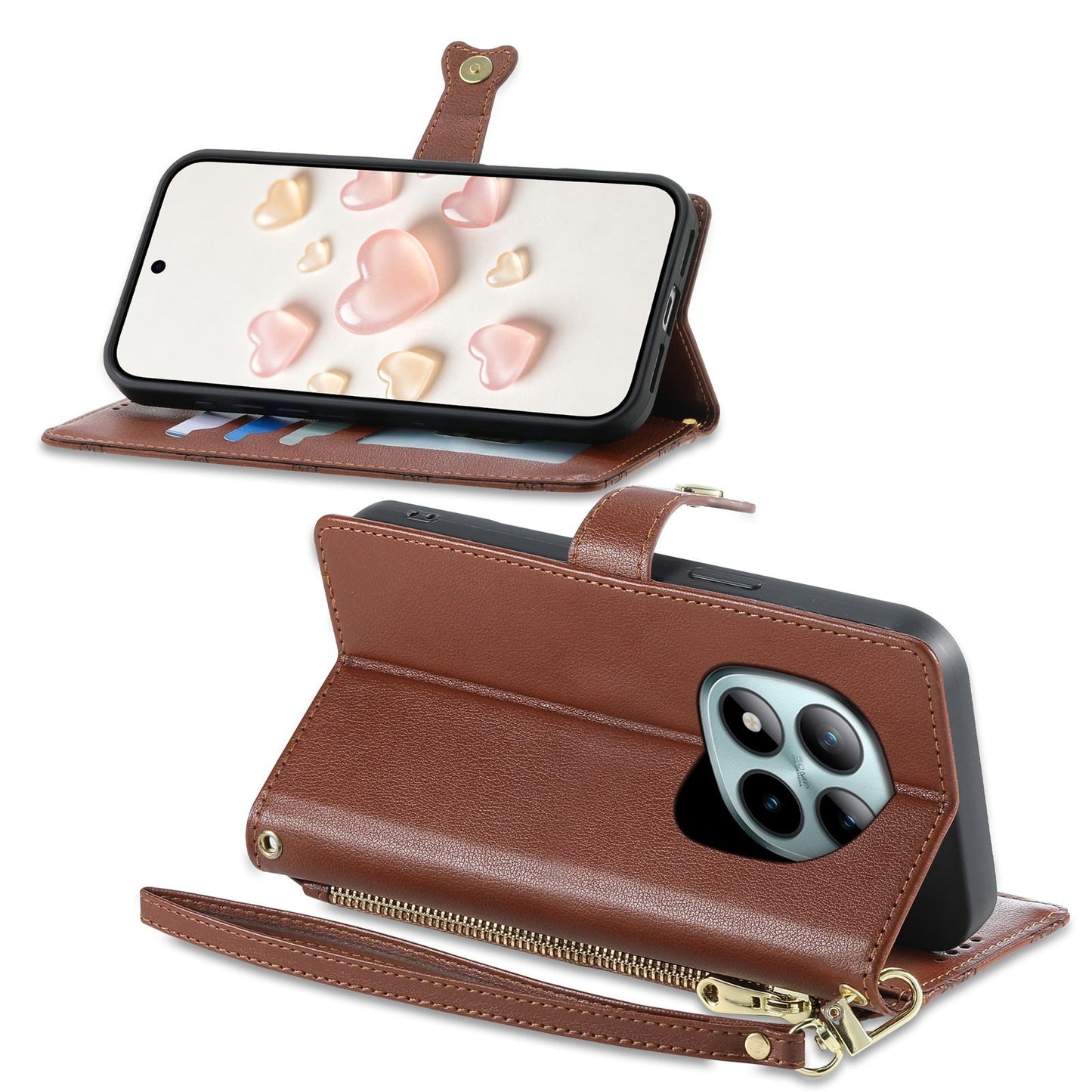 For Redmi Note 15 Pro+ 5G 163.3mm / Poco M8 Pro 5G Zipper Wallet Heart Buckle Vegan Leather Phone Case with Wrist Strap(Brown)
