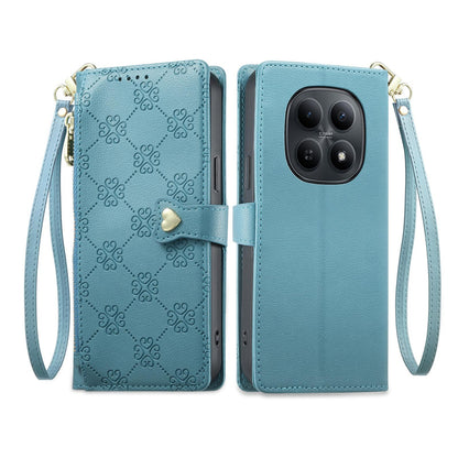 For Redmi Note 15 4G / 5G Global 164mm / Poco M8 5G Zipper Wallet Heart Buckle Vegan Leather Phone Case with Wrist Strap(Lake Blue)