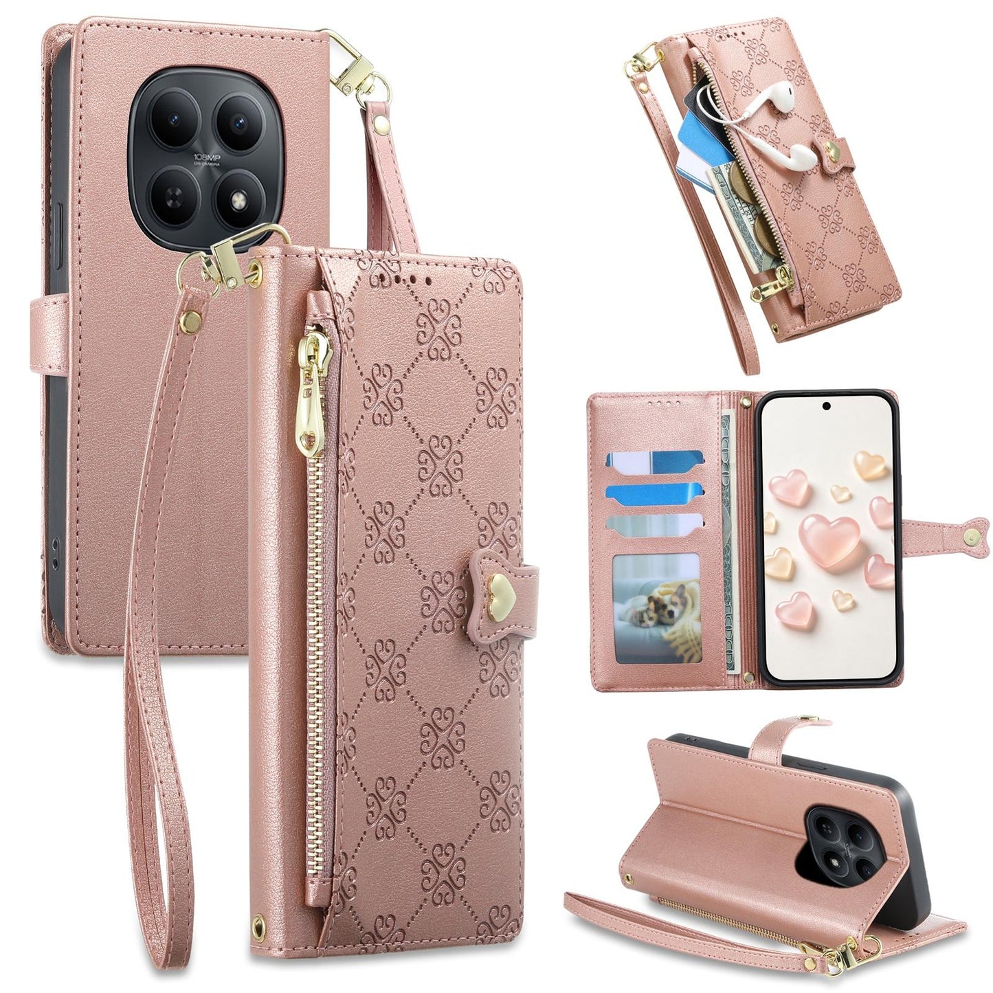 For Redmi Note 15 4G / 5G Global 164mm / Poco M8 5G Zipper Wallet Heart Buckle Vegan Leather Phone Case with Wrist Strap(Pink)