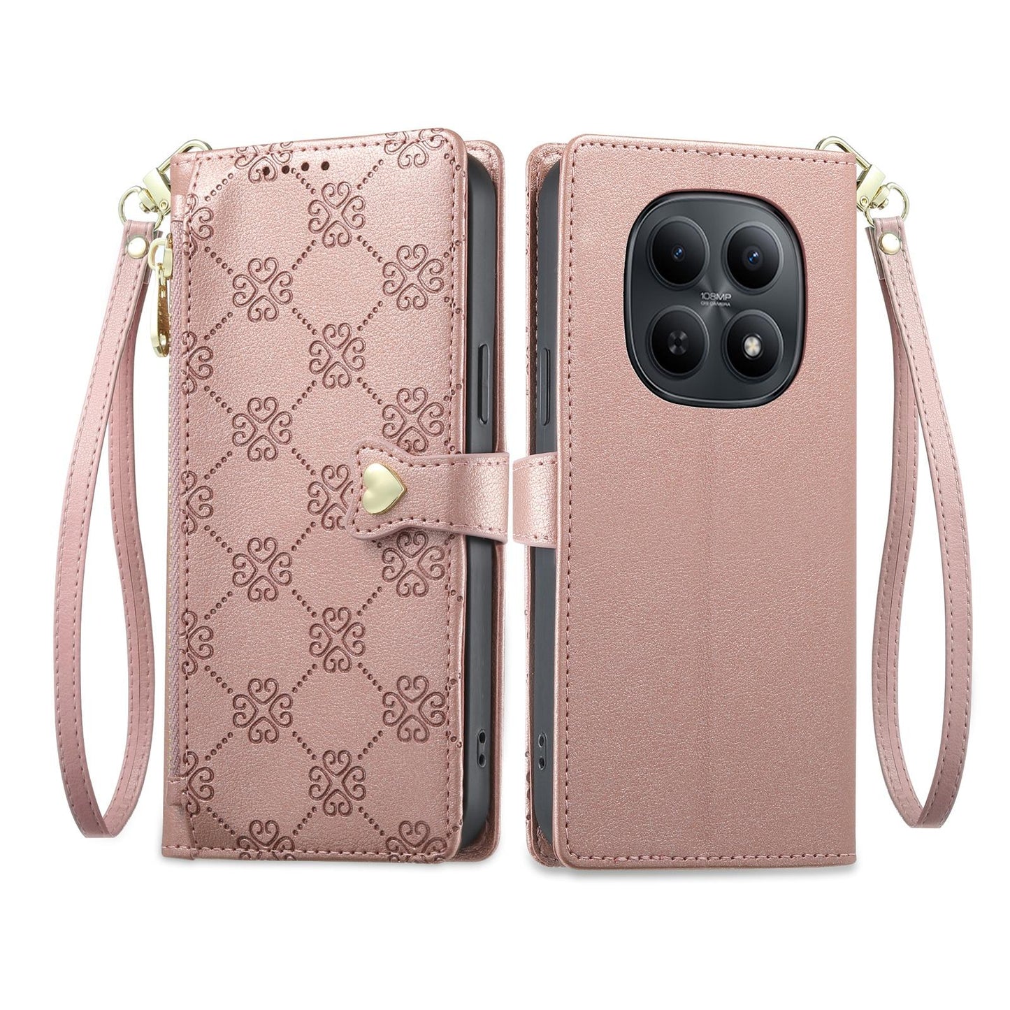 For Redmi Note 15 4G / 5G Global 164mm / Poco M8 5G Zipper Wallet Heart Buckle Vegan Leather Phone Case with Wrist Strap(Pink)