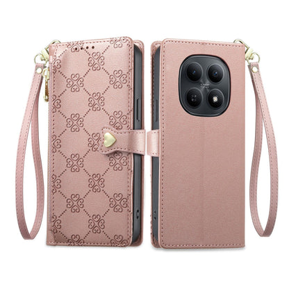 For Redmi Note 15 4G / 5G Global 164mm / Poco M8 5G Zipper Wallet Heart Buckle Vegan Leather Phone Case with Wrist Strap(Pink)