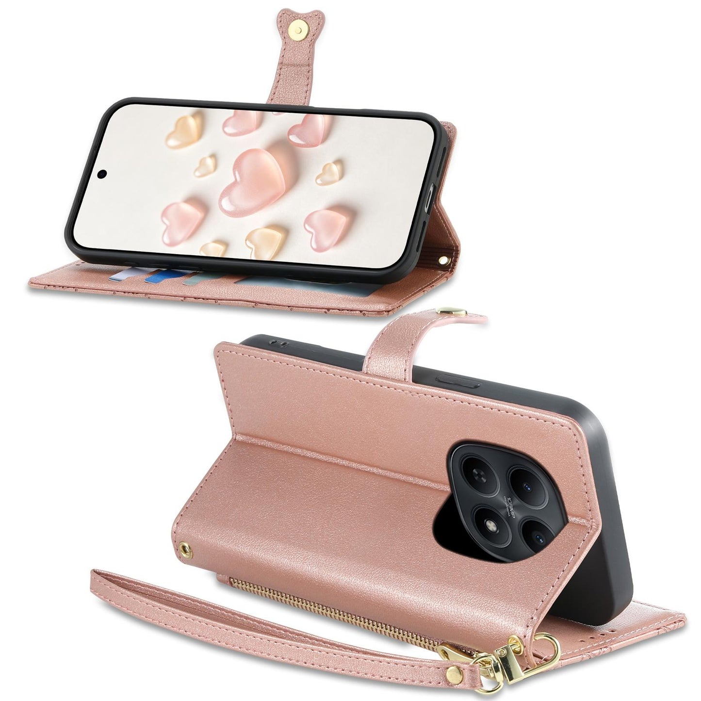 For Redmi Note 15 4G / 5G Global 164mm / Poco M8 5G Zipper Wallet Heart Buckle Vegan Leather Phone Case with Wrist Strap(Pink)