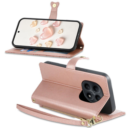 For Redmi Note 15 4G / 5G Global 164mm / Poco M8 5G Zipper Wallet Heart Buckle Vegan Leather Phone Case with Wrist Strap(Pink)