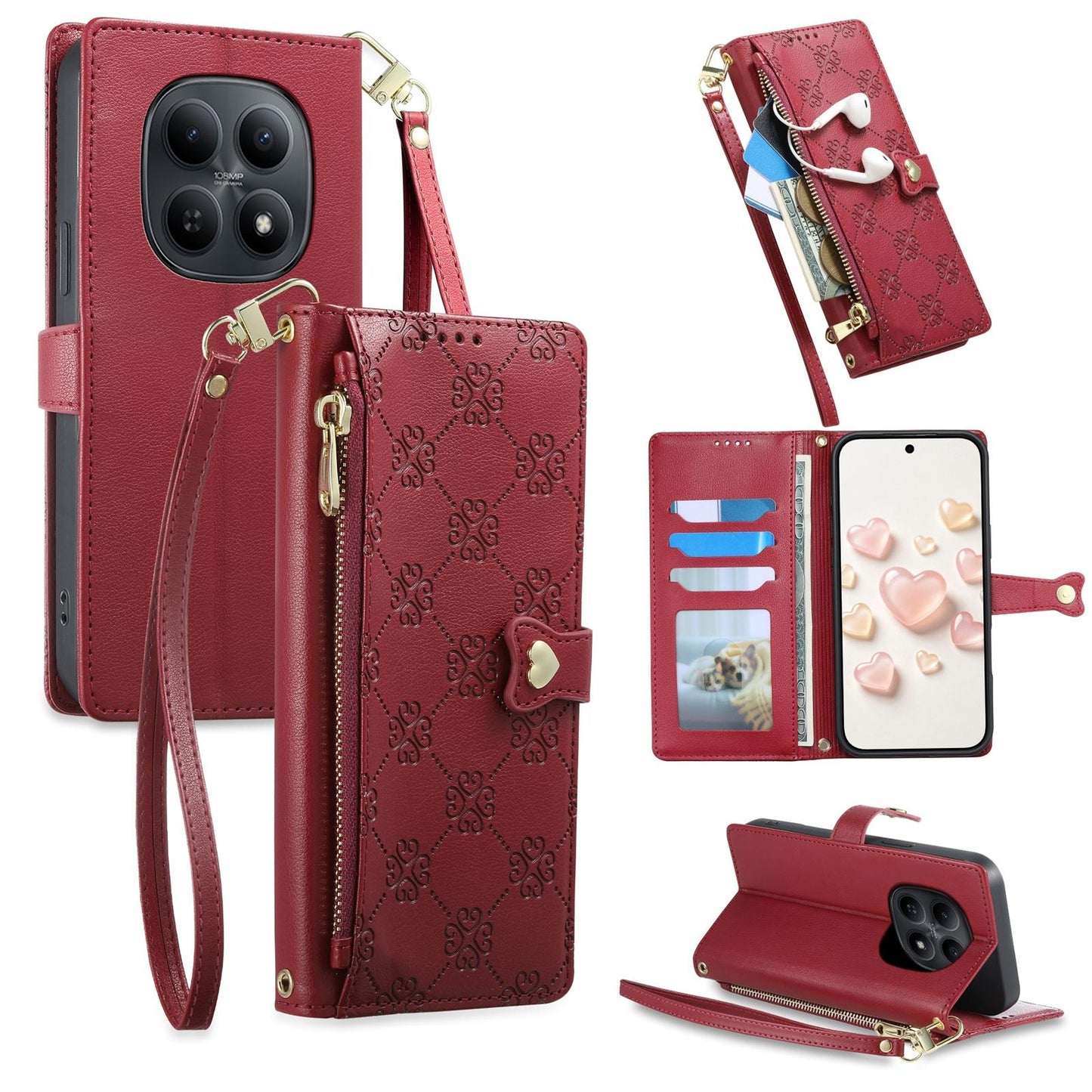 For Redmi Note 15 4G / 5G Global 164mm / Poco M8 5G Zipper Wallet Heart Buckle Vegan Leather Phone Case with Wrist Strap(Red)