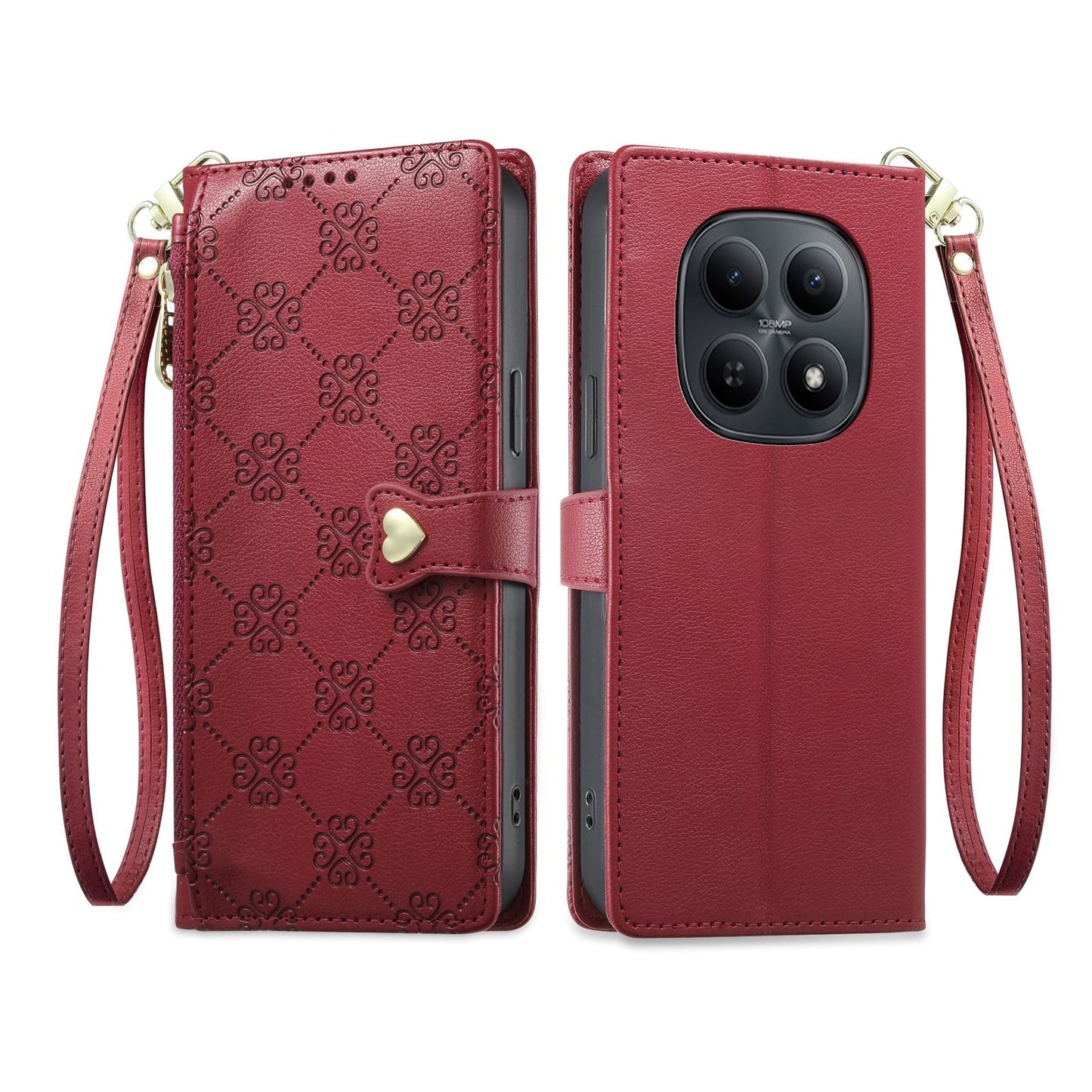 For Redmi Note 15 4G / 5G Global 164mm / Poco M8 5G Zipper Wallet Heart Buckle Vegan Leather Phone Case with Wrist Strap(Red)