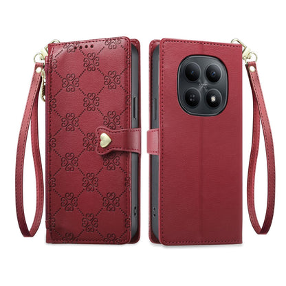 For Redmi Note 15 4G / 5G Global 164mm / Poco M8 5G Zipper Wallet Heart Buckle Vegan Leather Phone Case with Wrist Strap(Red)
